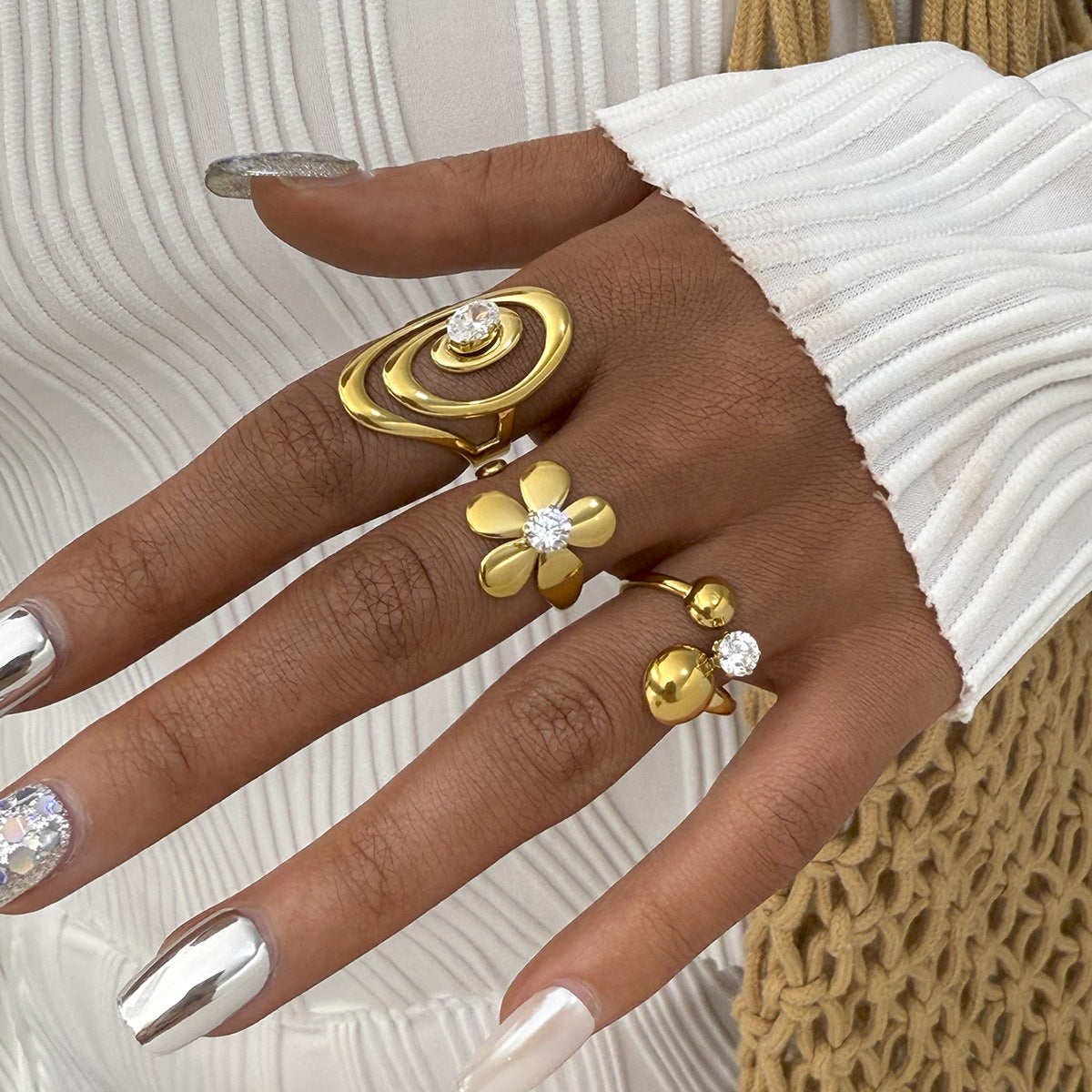 Stainless Steel 18K Gold-Plated Zircon Flower Open Ring For Women