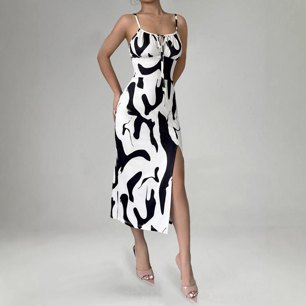Summer Printed Suspender Split Dress Fashion Slim Lace-up Long Dresses For Women Clothing