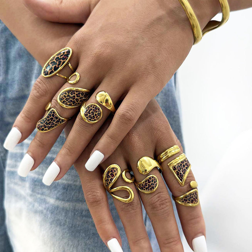 Stainless Steel Leopard Print Geometric Open Ring, Simple And Stylish