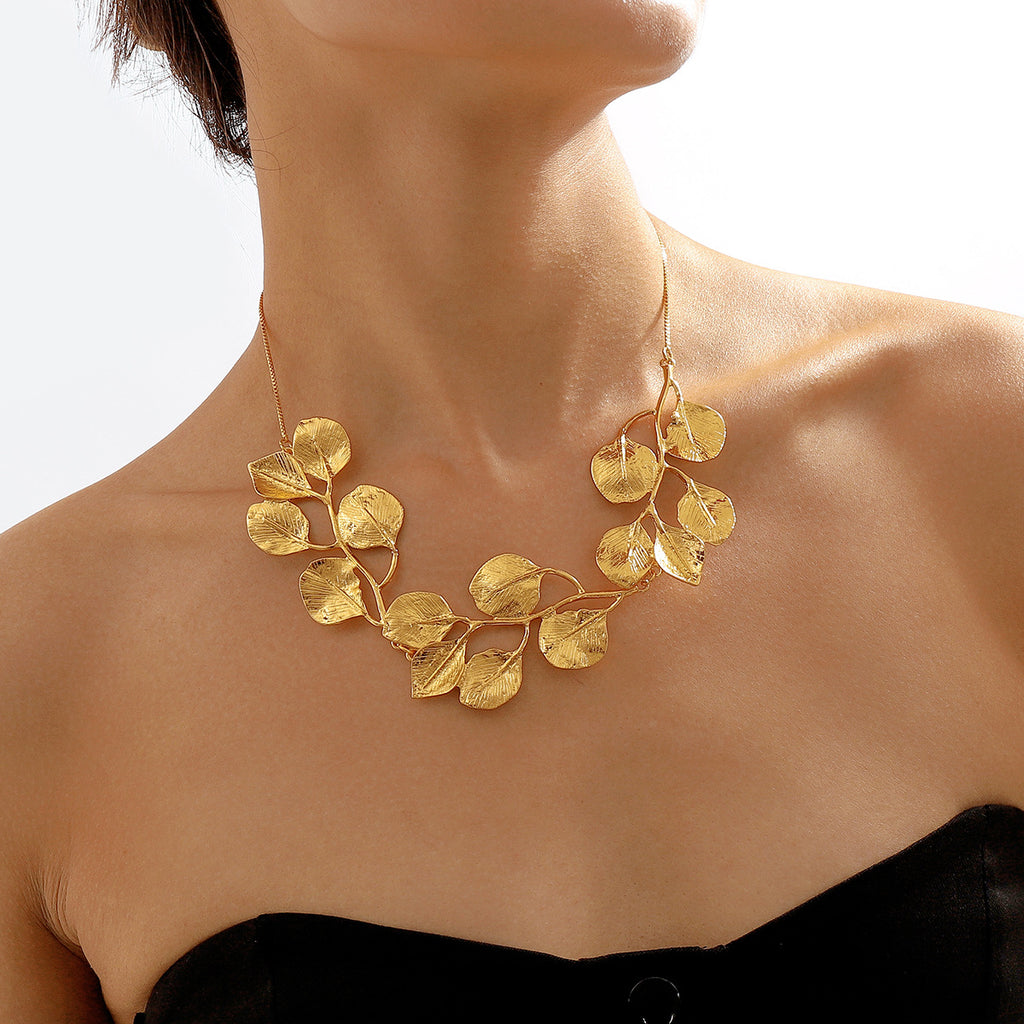 Earring Necklace Luxury Metal Leaf Earrings Choker For Women Personality Jewelry Gift