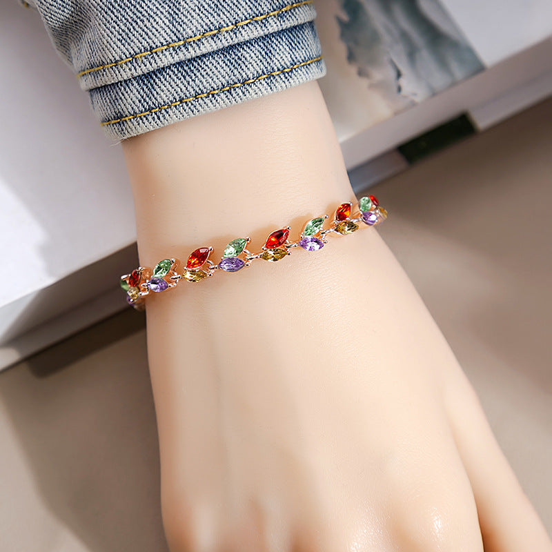 INS Style Colorful Crystal Bracelet For Women, Fashion Light Luxury Inlaid Zircon Willow Leaf Bracelet, Niche Design Personality Jewelry Wholesale