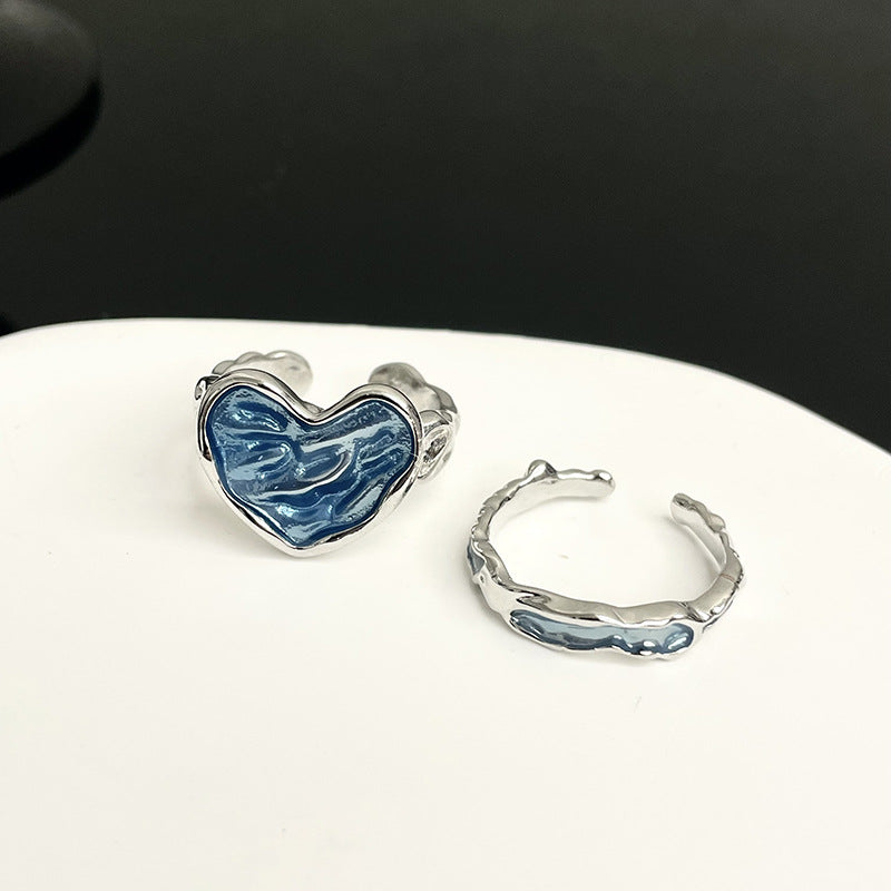 Dripping Glaze Texture Heart-shaped Adjustable Ring Set
