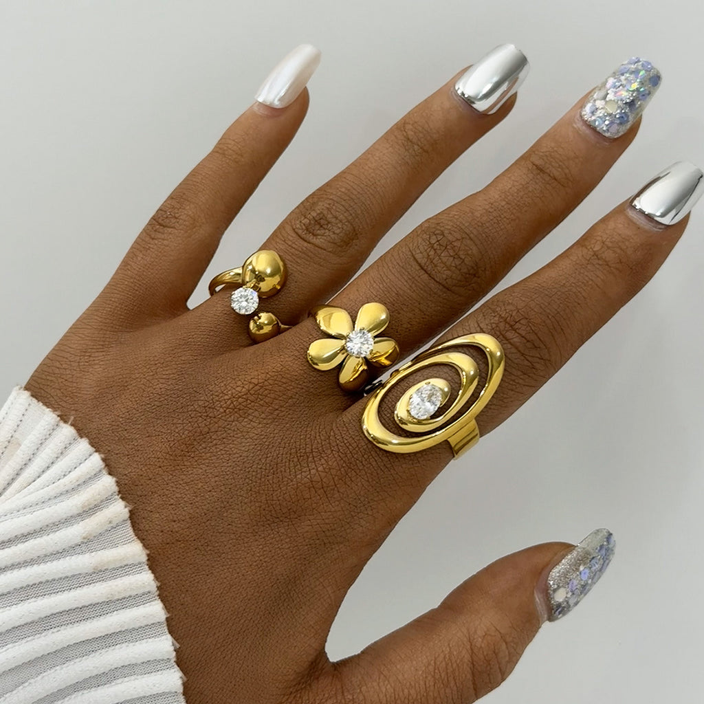 Stainless Steel 18K Gold-Plated Zircon Flower Open Ring For Women