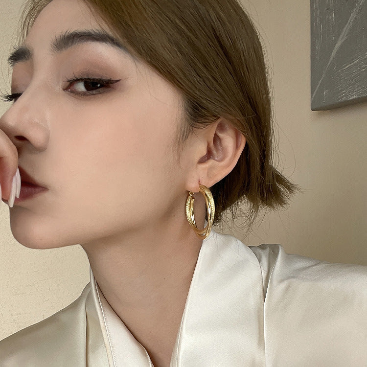 French Retro Easy Matching Commuter Frosted Texture Round Ring Earrings