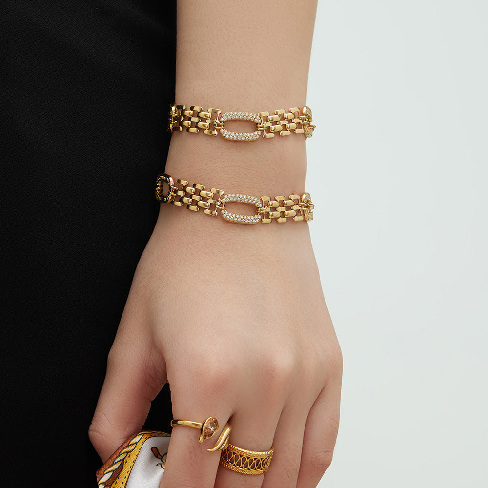 Light Luxury Stainless Steel Bracelet With Full Zirconia Stones For Women