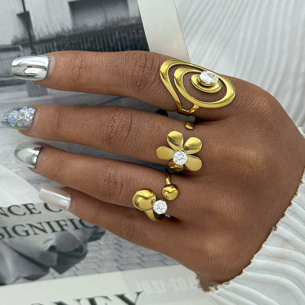 Stainless Steel 18K Gold-Plated Zircon Flower Open Ring For Women