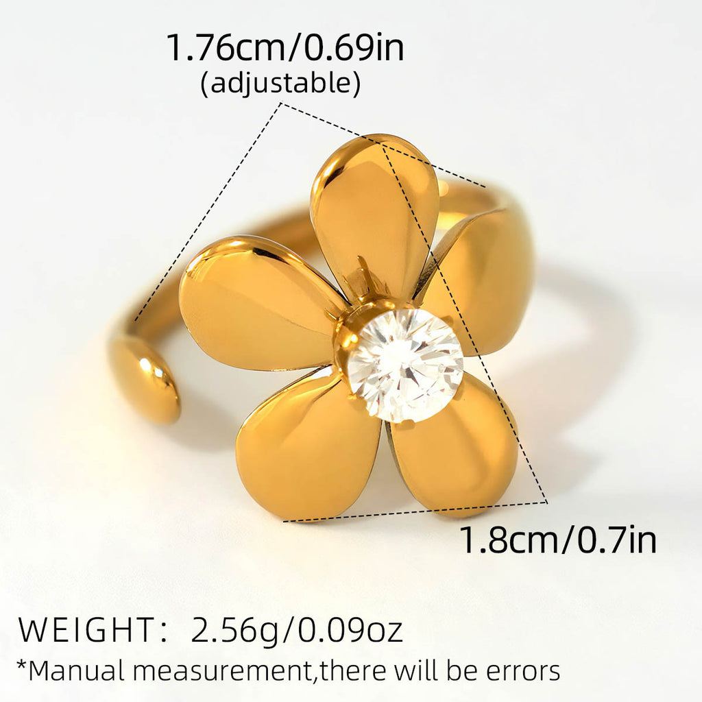 Stainless Steel 18K Gold-Plated Zircon Flower Open Ring For Women
