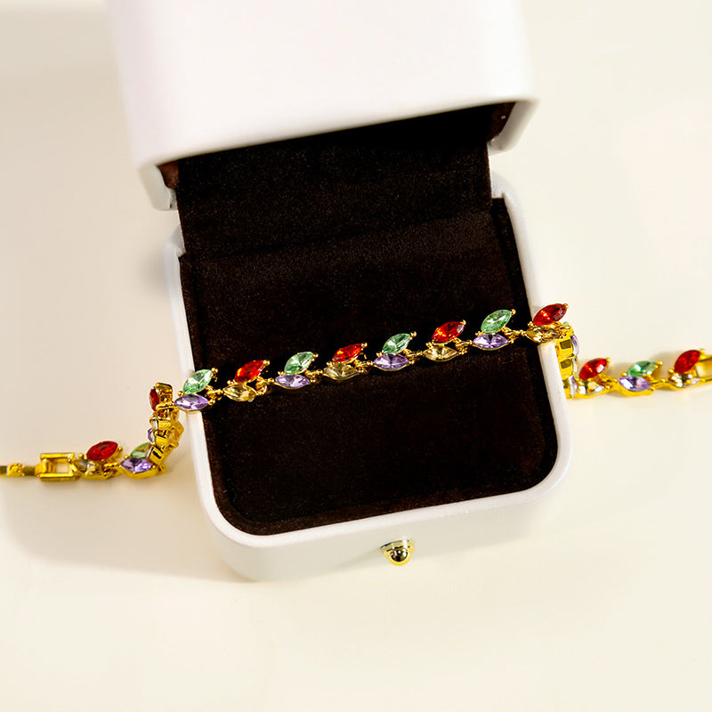 INS Style Colorful Crystal Bracelet For Women, Fashion Light Luxury Inlaid Zircon Willow Leaf Bracelet, Niche Design Personality Jewelry Wholesale