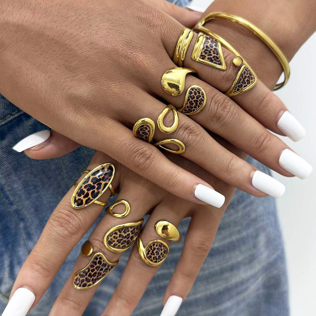 Stainless Steel Leopard Print Geometric Open Ring, Simple And Stylish