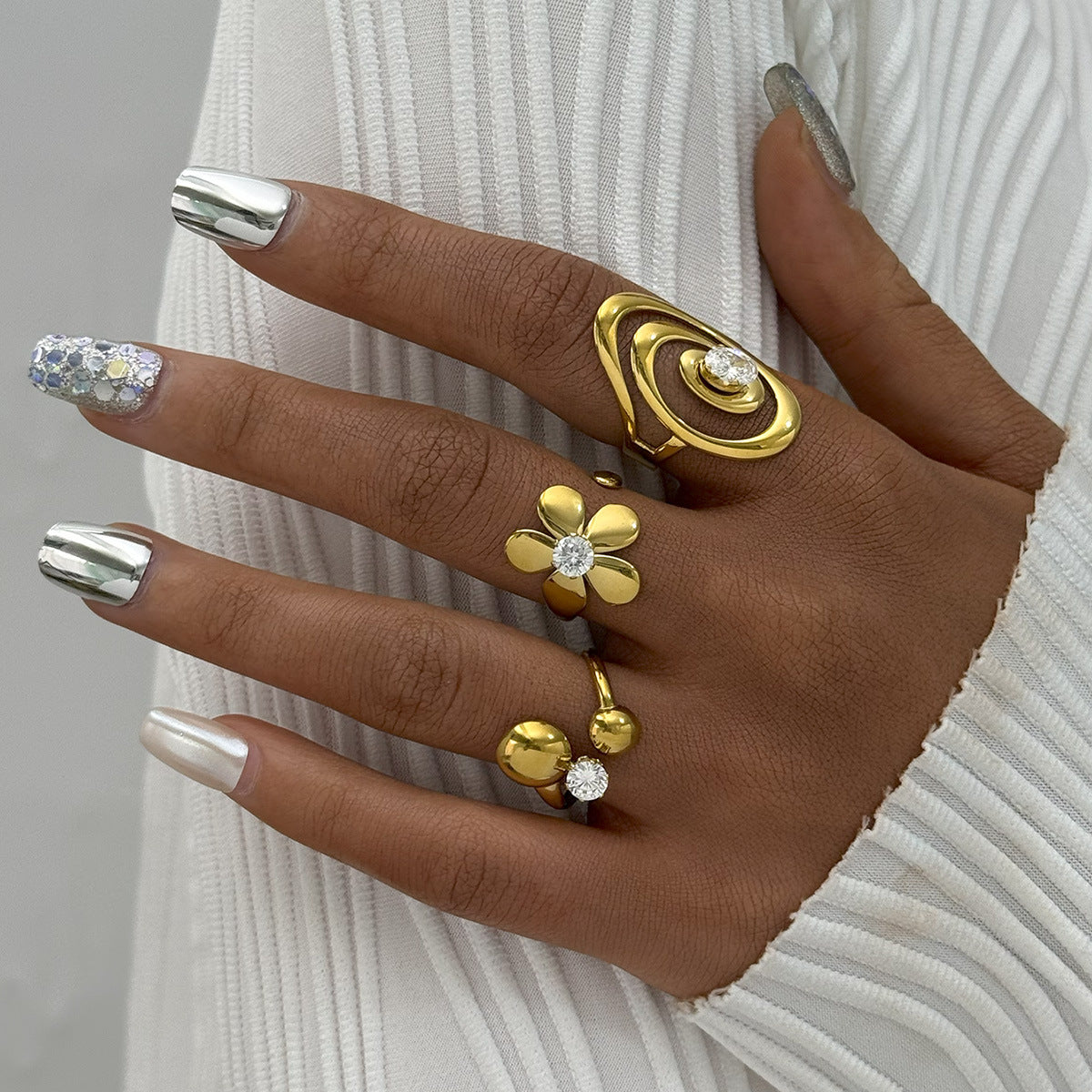 Stainless Steel 18K Gold-Plated Zircon Flower Open Ring For Women
