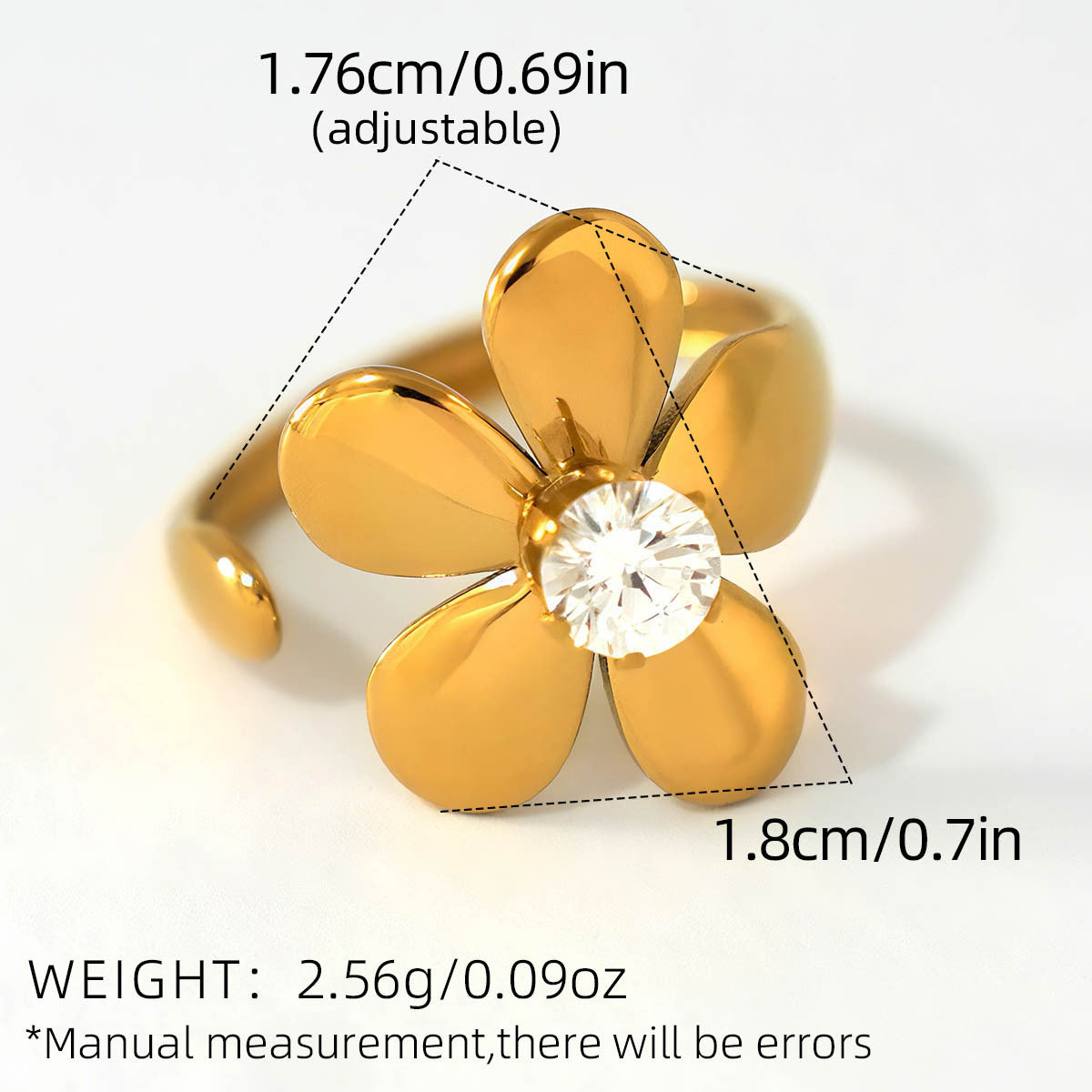 Stainless Steel 18K Gold-Plated Zircon Flower Open Ring For Women