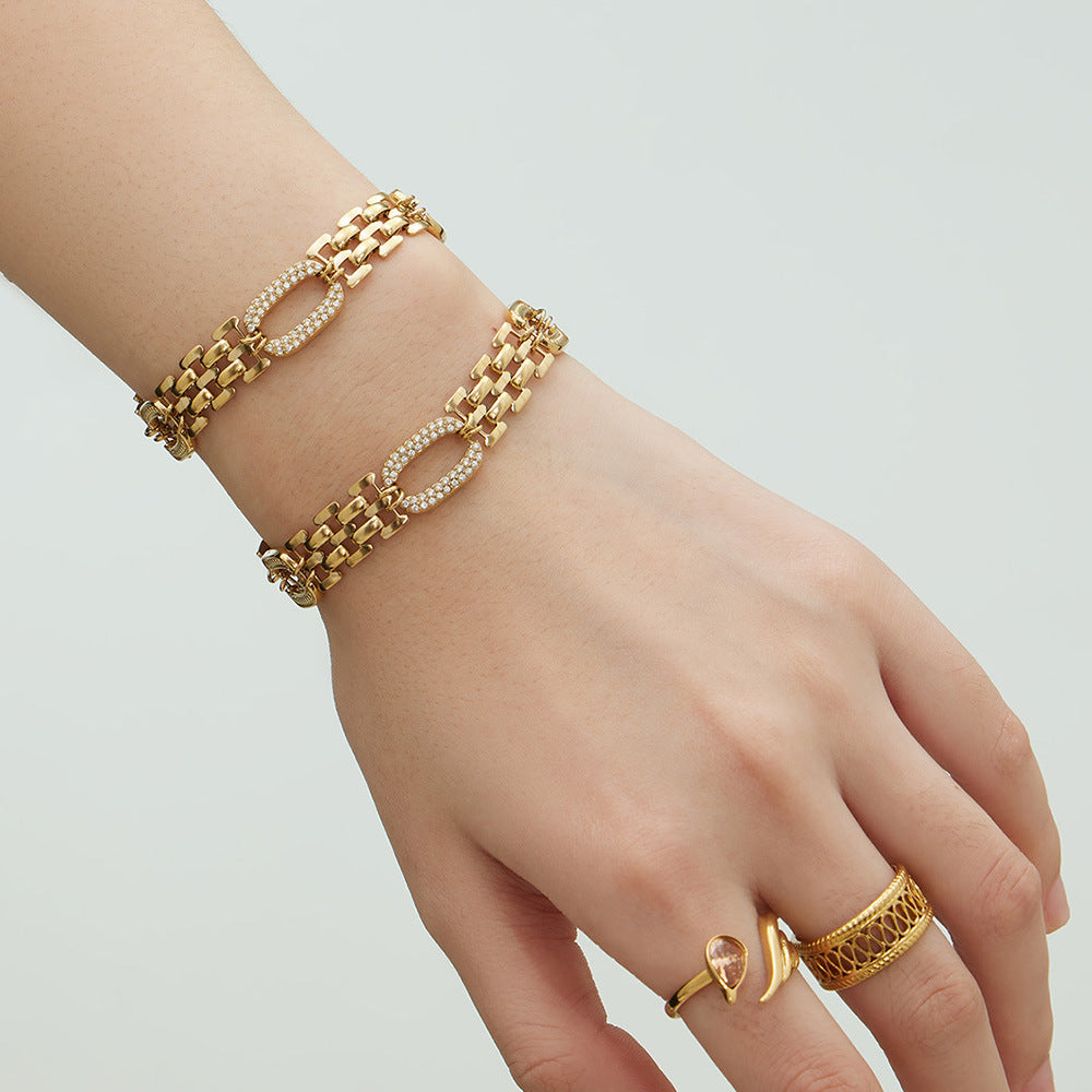 Light Luxury Stainless Steel Bracelet With Full Zirconia Stones For Women