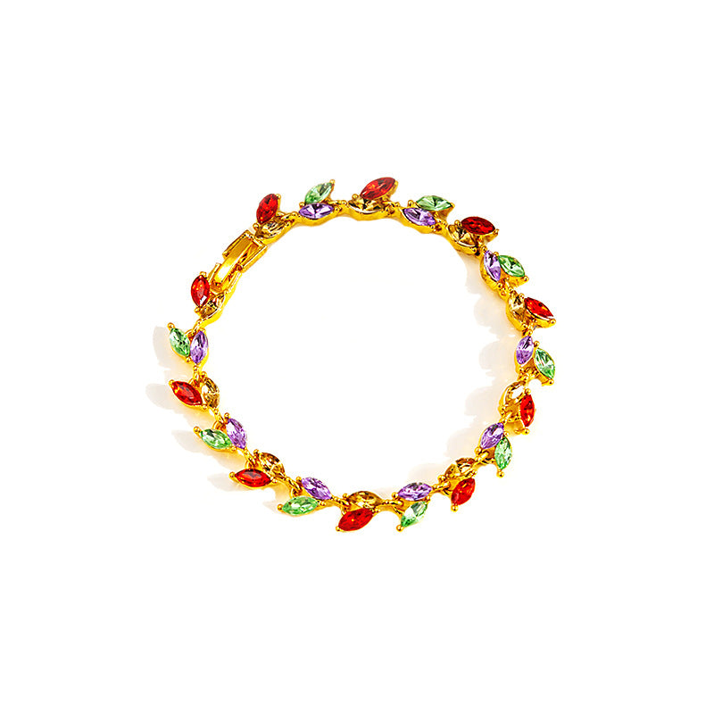 INS Style Colorful Crystal Bracelet For Women, Fashion Light Luxury Inlaid Zircon Willow Leaf Bracelet, Niche Design Personality Jewelry Wholesale