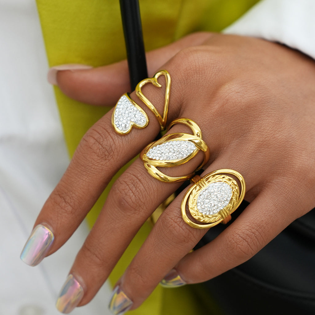 High-End Gold Heart Personalized Diamond-Encrusted Fashionable Minimalist Titanium Steel Ring