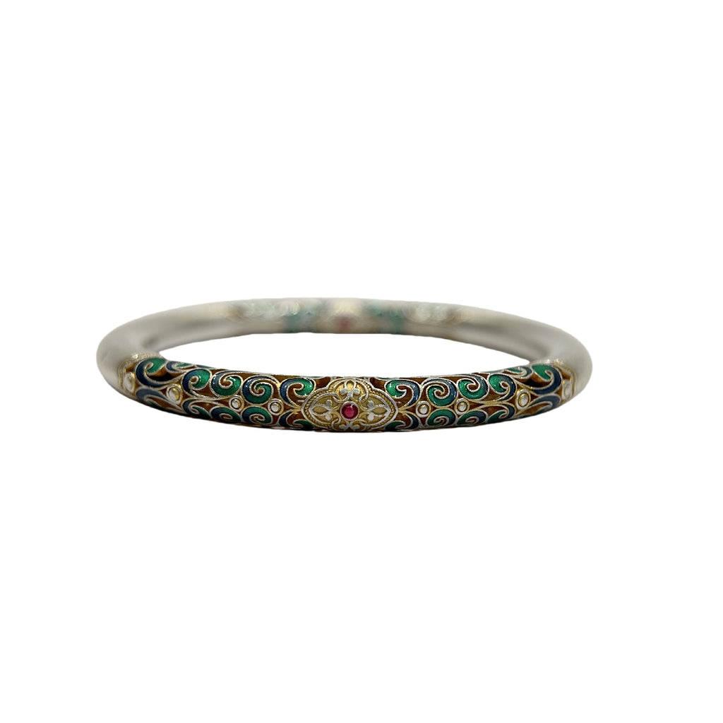 S999 Sterling Silver Enamel Scroll Pattern Gold-Painted Bracelet For Women, Chinese Traditional Style, Fixed Bangle, All-Match Jewelry