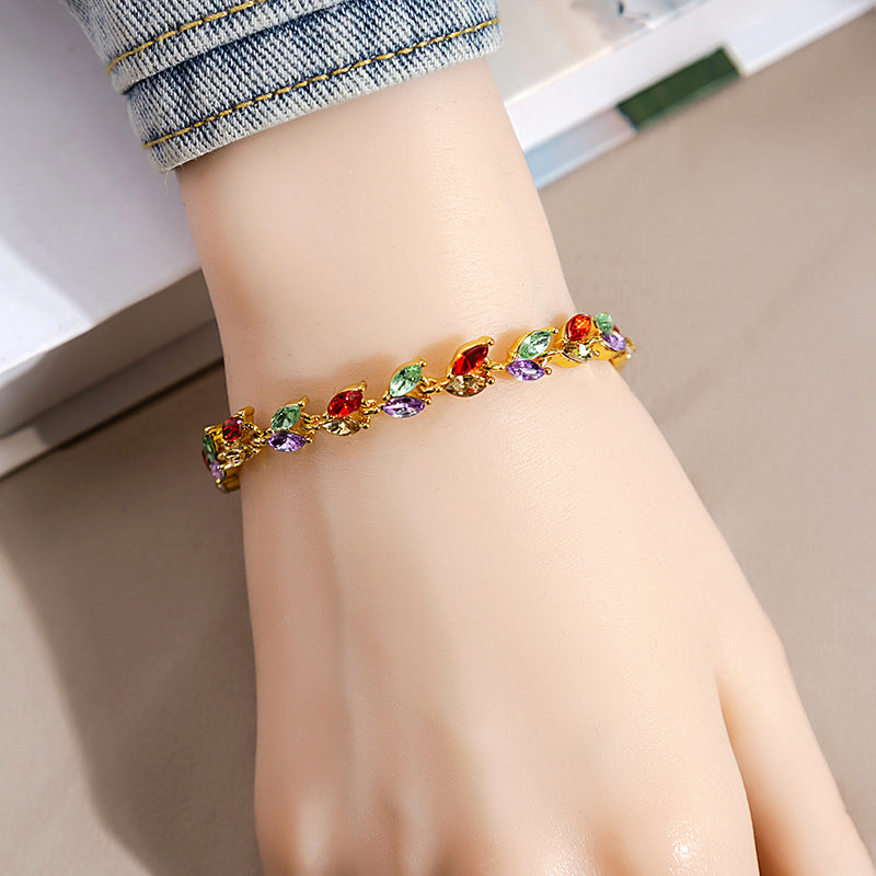 INS Style Colorful Crystal Bracelet For Women, Fashion Light Luxury Inlaid Zircon Willow Leaf Bracelet, Niche Design Personality Jewelry Wholesale